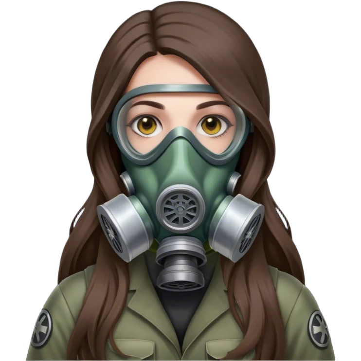 Gas mask on long hair brunette emoji