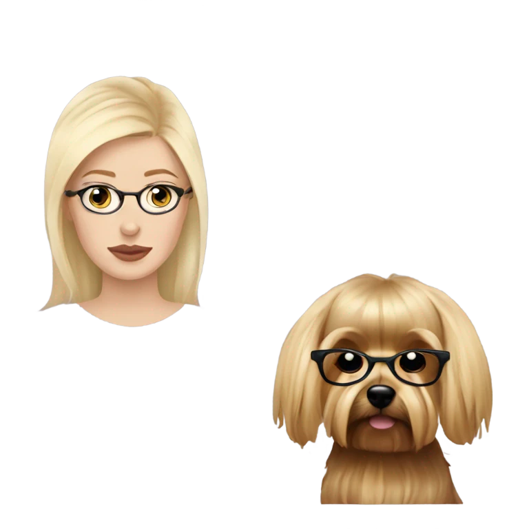 White girl, blonde hair, eyes closed, wearing glasses kisses Yorkshire terrier  emoji