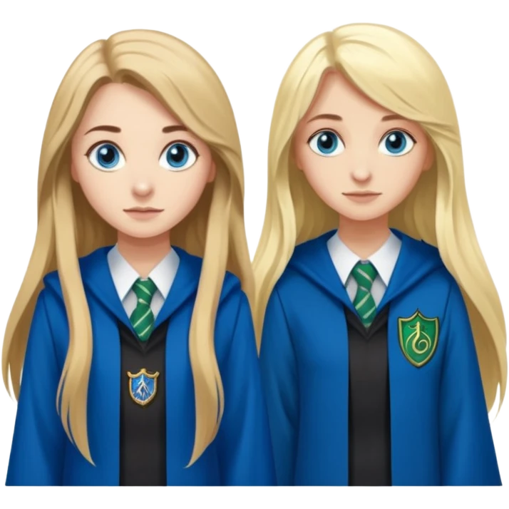 a pretty ravenclaw girl with long brown hair and blue eyes standing with a hot Slytherin girl with long blonde hair, blue eyes emoji