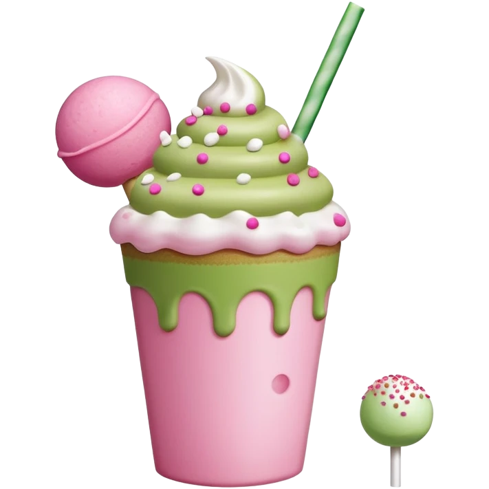 Starbucks Matcha latte with pink cold foam and a pink cake pop with white sprinkles ￼ emoji