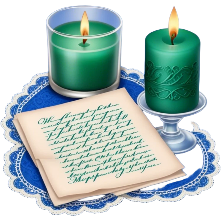 A nostalgic love letter with deep green handwriting, resting on lace fabric next to a glass candle in a royal blue hue. emoji