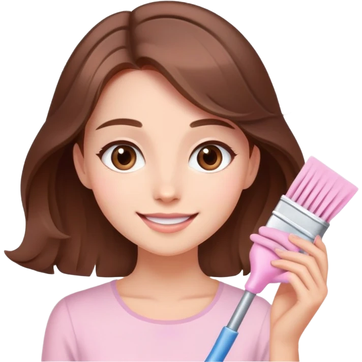  happy elegant beautiful girl flowy brown hair that is more valuable then corals  cleaning with a cute light pink aura behind here  emoji