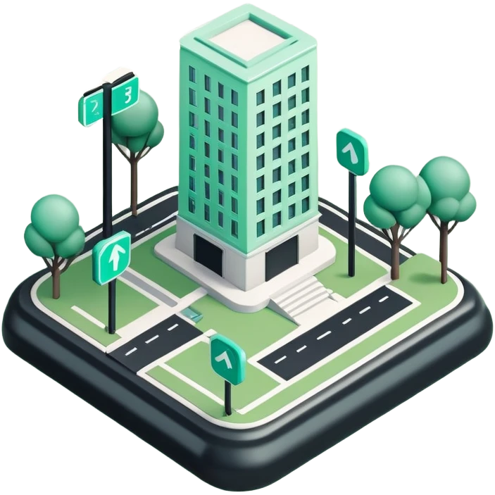 Domanilité Publique (Public Domain), 3D techy icon with black and mint green (#B5F4D3) color scheme, public land with property markers emoji