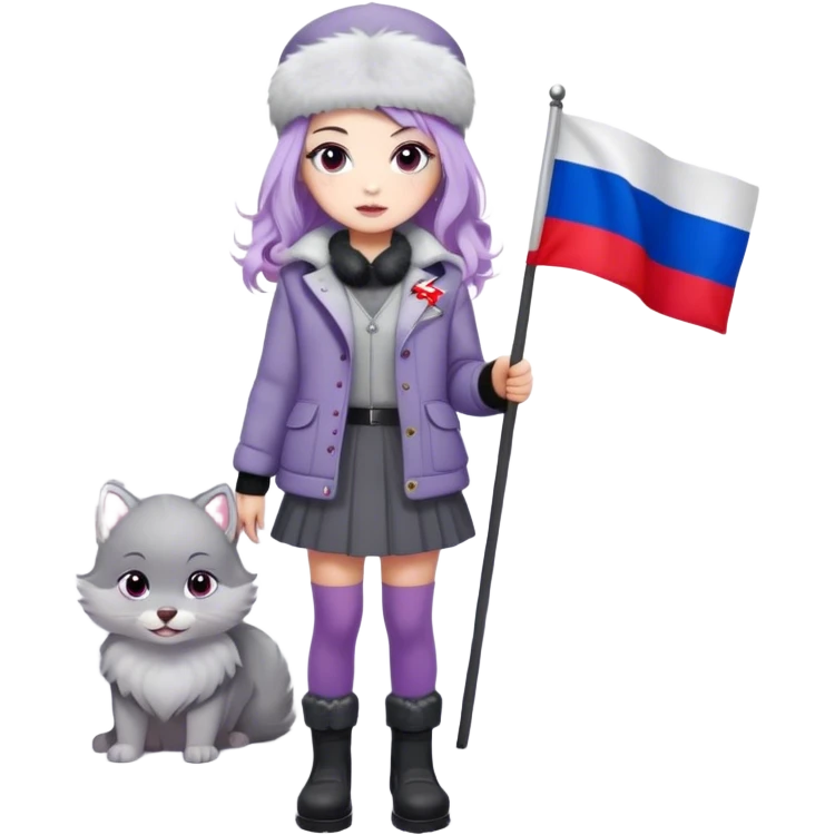 Russian Girl with lavender hair faded black in the bottom + wavy hair
white ushanka +Soviet pin
light grey jacket with light purple fur
grey skirt
dark grey leggings
light grey boots with light purple fur
grey eyes
snow white color skin
holding a Russian flag
is in Moscow Russia emoji