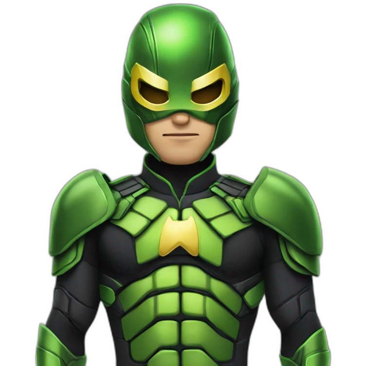 A superhero wearing an armored green and black suit inspired by Kick Ass and the Dragon Fly from super hero movie, the suit has a yellow M shaped emblem in the middle of the chest emoji