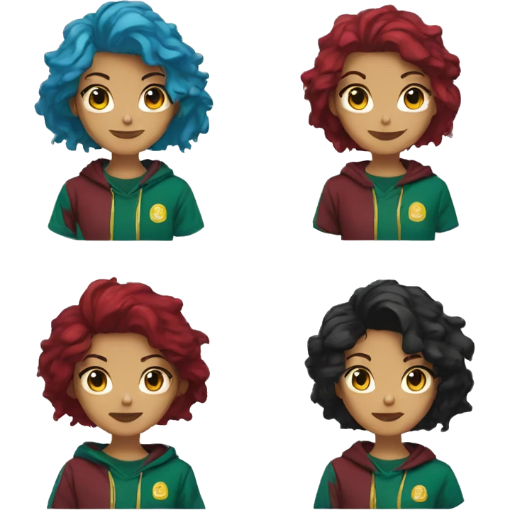Lady with brunette and blue hair, gold, green dragon wings, maroon hoodie, black and gold Nike t shirt, and bright red eyes emoji