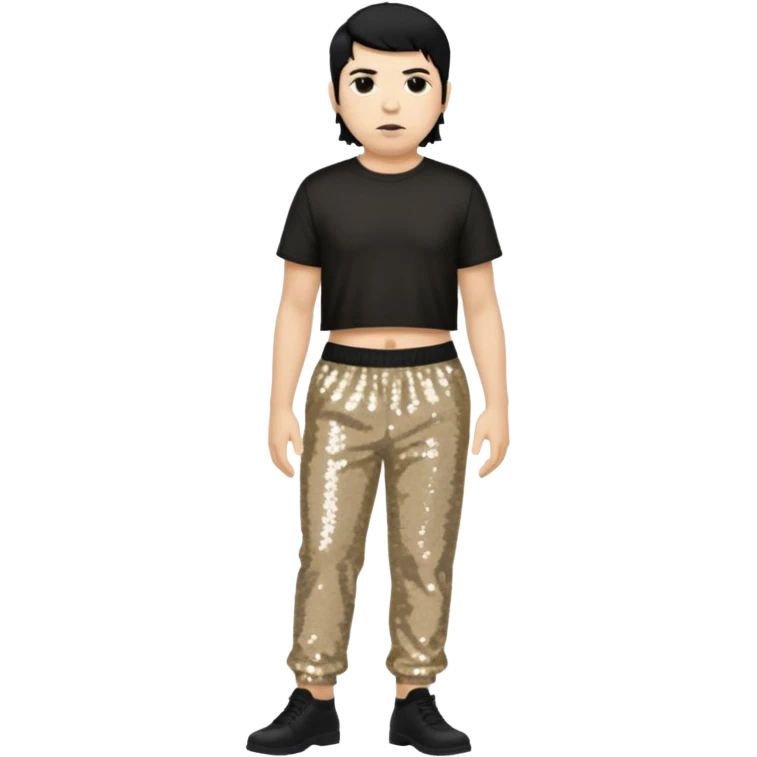Chino Moreno with black hair, black sequin crop top, beige sequin baggy pants emoji