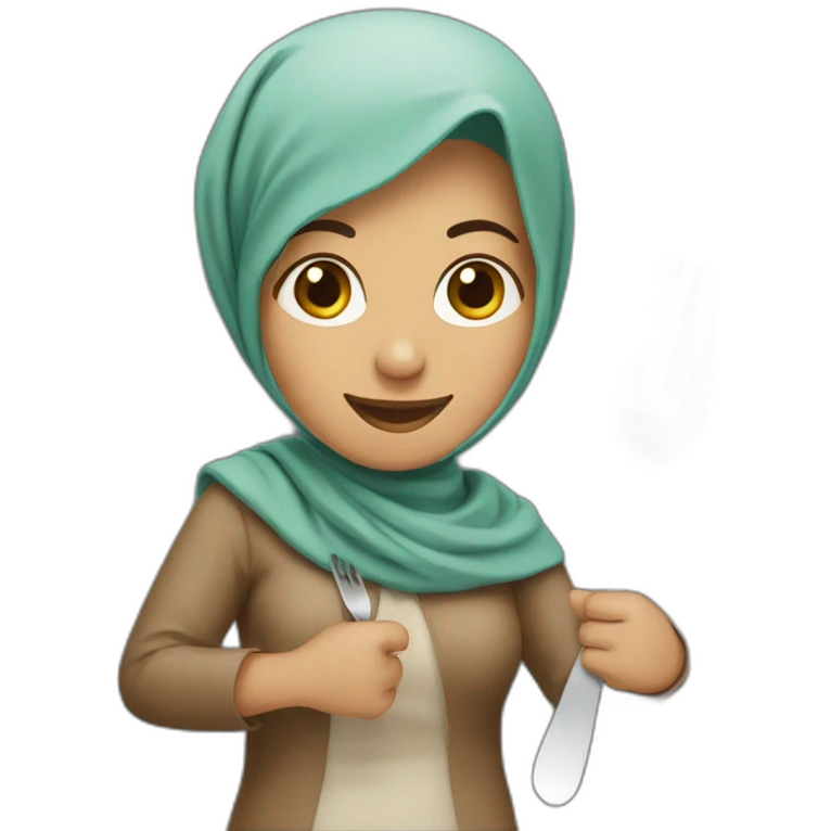A Pakistani/brown mum with a headscarf holding a fork and spoon with two hands with a smile emoji