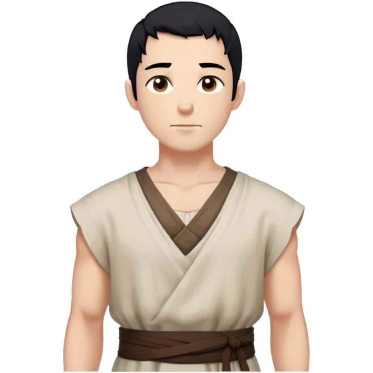 medieval summer outfit worn by a DnD themed fantasy male character. sleeveless peasant-style tunic made of coarse linen, slightly oversized. clothes only above the waist. The clothes full waist. The character's haven't arms. character is white-skinned, black hair, brown eyes, shaved head. emoji