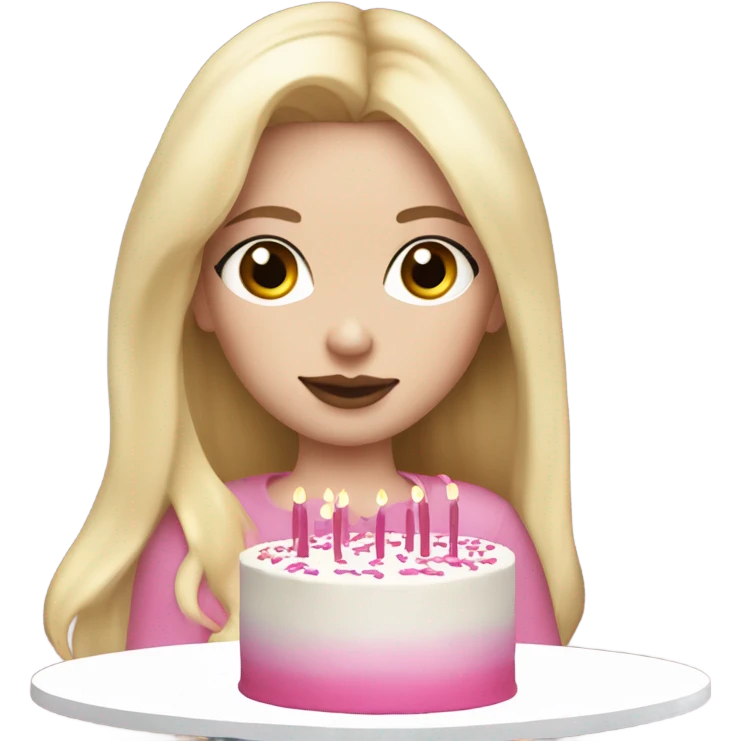 White girl with blonde straight hair, pink lips, dark eyes, white and pink birthday cake in hands, 32 on cake emoji