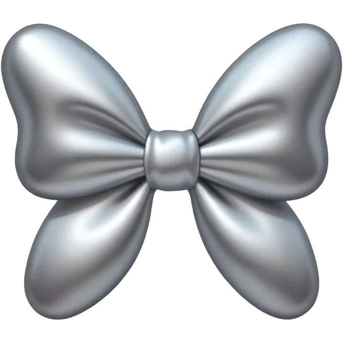 A cute bow emoji made of polished silver chrome, smooth rounded loops, glossy metallic surface, soft mirror reflections, subtle highlights, minimal and adorable proportions, iOS emoji style, centered composition, clean white background, soft studio lighting, no text, no outline, ultra high quality emoji