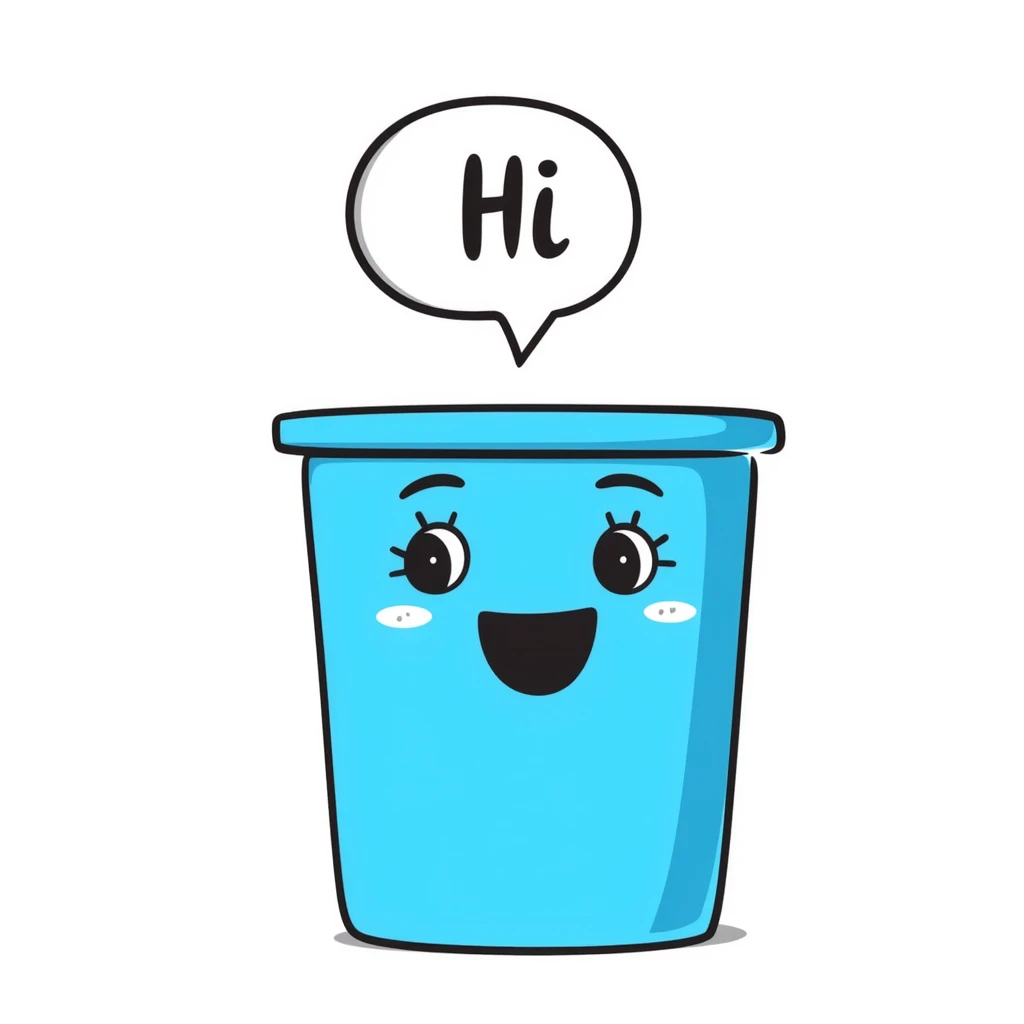 hand-drawn blue bin with a smile, speech bubble with 'hi' emoji