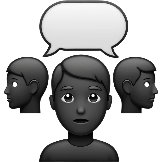 Minimalistic flat vector icon, iOS style, thin black contour on white background. Human head with speech bubble and small group of people silhouettes listening. Clean, no text, no shadows emoji