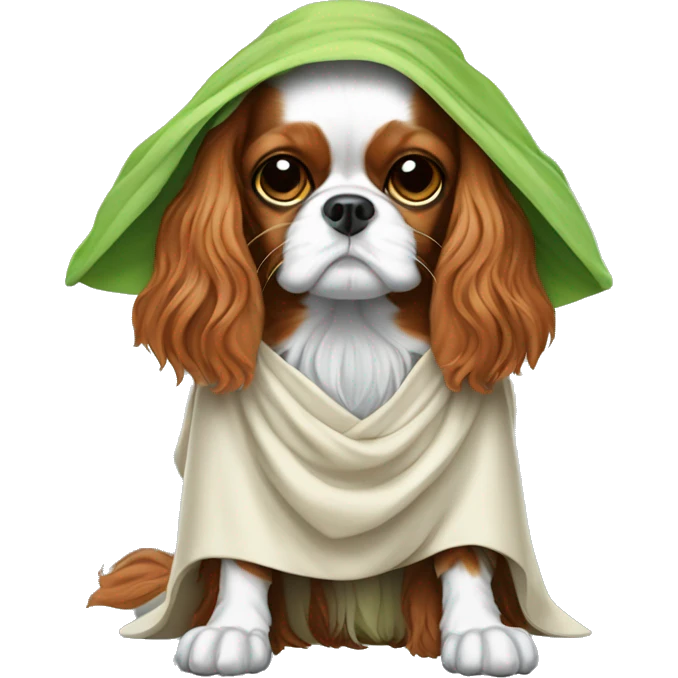 Cavalier King charles spaniel wearing a costume of Yoda Jedi  emoji