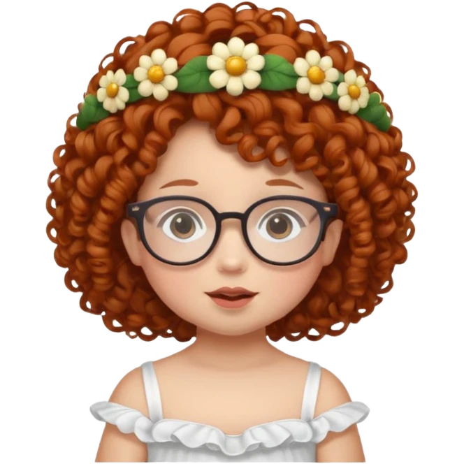 baby with big flower tiara dark ginger curly hair and glassess emoji