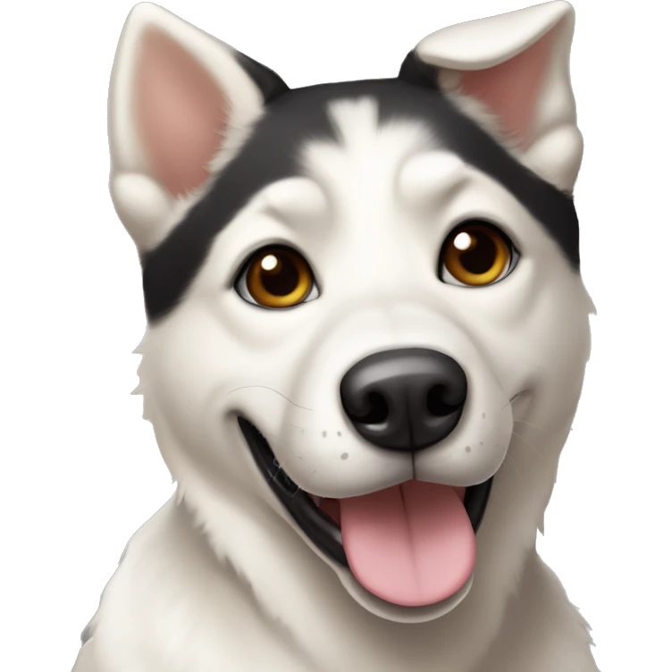white husky-lab mix dog with black and tan and brown around his eyes and black/tan ears smiling with tongue out emoji