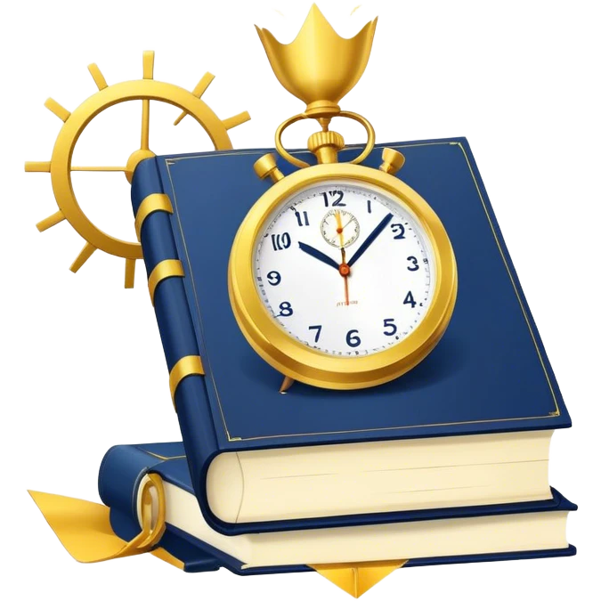 A navy blue productivity book with gold details, running clock and chart with upward trend aura, radiating productivity, strategy, and success in motion with time and happiness yellow emoji