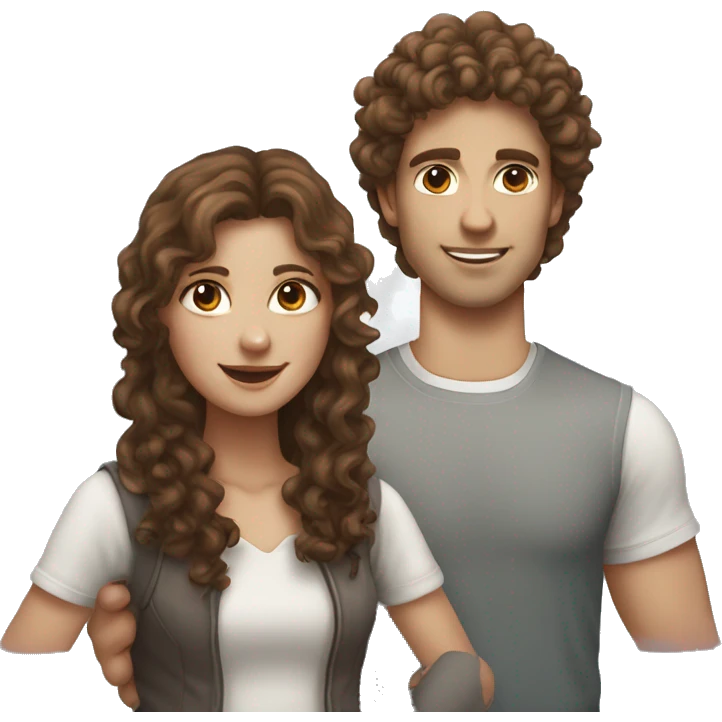 girl with long brown curly hair and white skin and with her boyfriend with brown curly hair emoji
