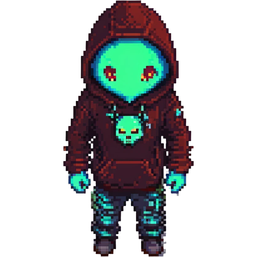 Pixelated hacker figure with hoodie and glowing eyes emoji