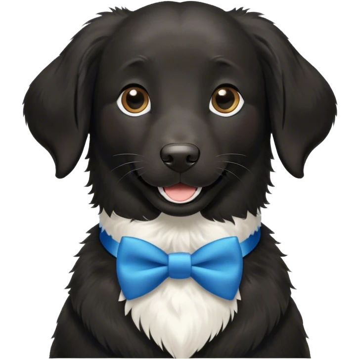 Black, flat-coated retriever, smooth fur with  fluffy ears, smiling face, small patch of white fur in her lower chest, blue bow tie collar emoji