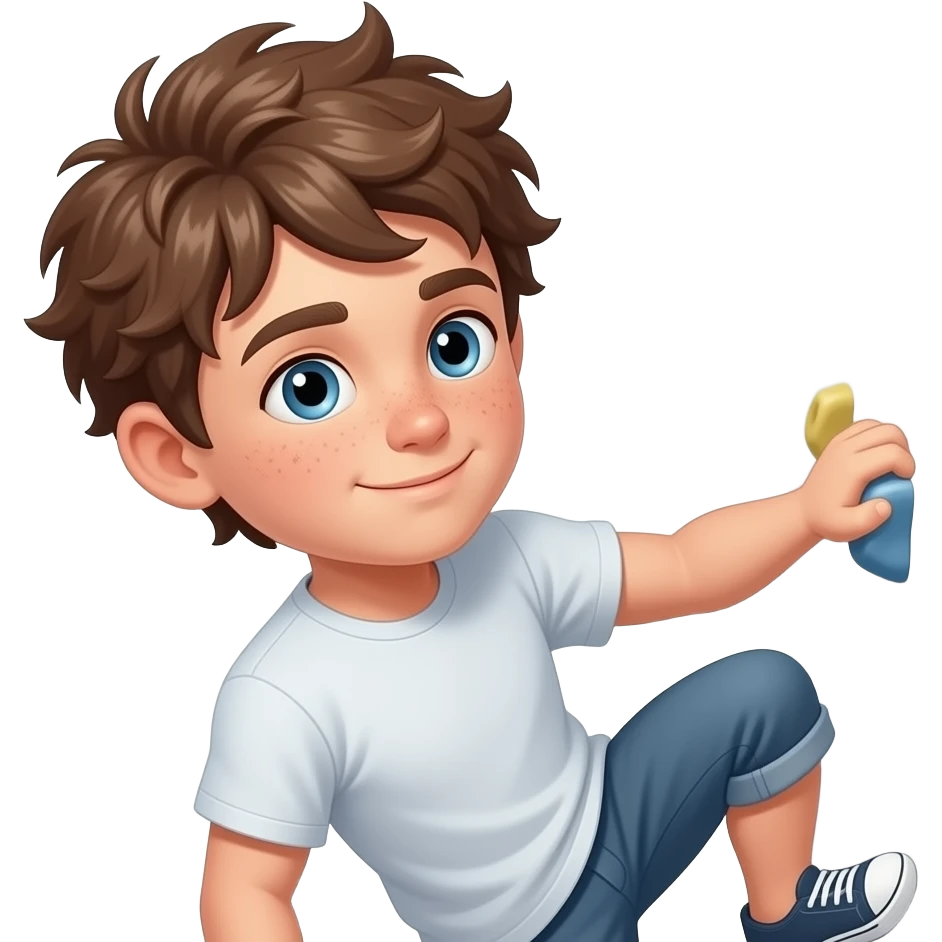 Hazme un chico con pelo rebelde castaño, ojos azules y unas pecas. Tiene que estar caminando. Y que esta un poco musculoso. Tiene que estar escalando de espaldas. Escalando una pared y con camiseta. que este escalando. Que se vea el cuerpo enter emoji