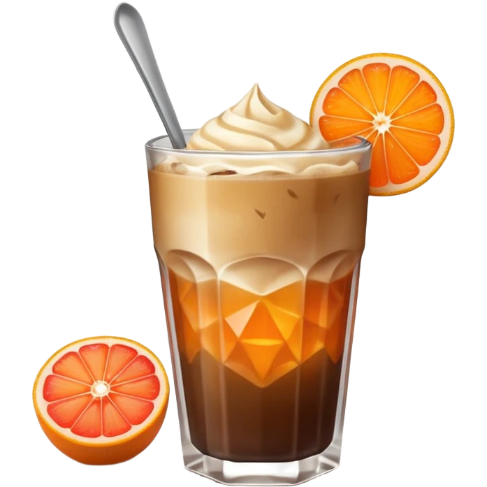 Emoji-style illustration of a grapefruit coffee in a faceted glass with iced dark coffee, light crema on top, orange peel garnish on the rim, and a small metal spoon. Cute modern iOS emoji look, smooth vector shapes, soft 3D shading, clean outlines, simple or transparent background, centered. emoji
