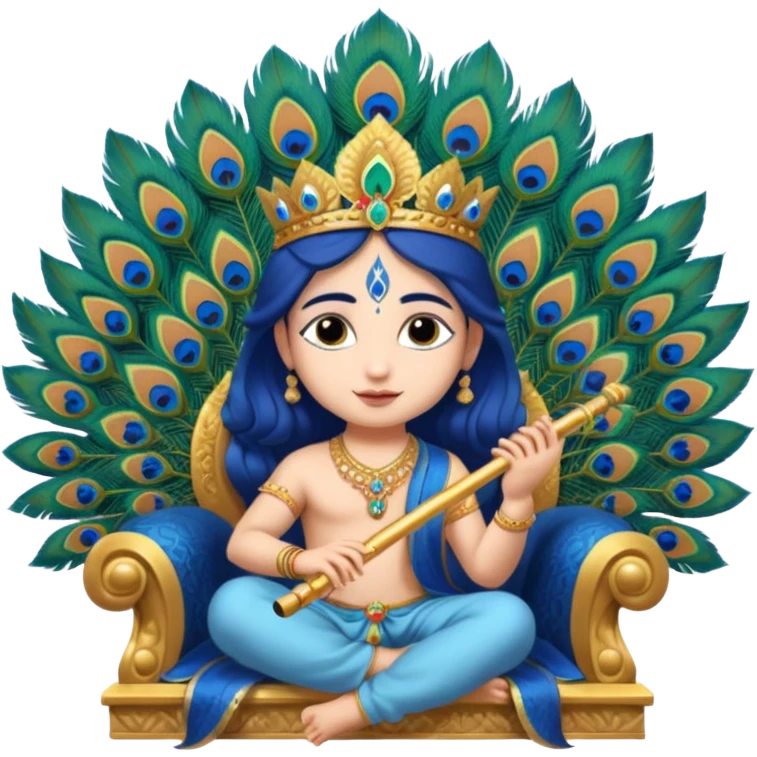 Sri Krishna cute face, wearing a throne and fixed a peacock feather on the throne and play a flute. emoji