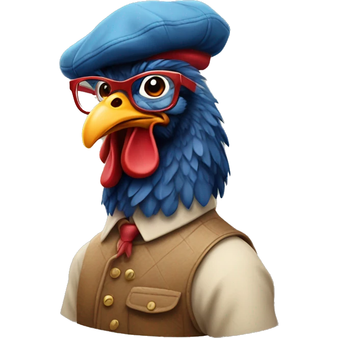 A rooster wearing a beret, glasses, and painting  emoji