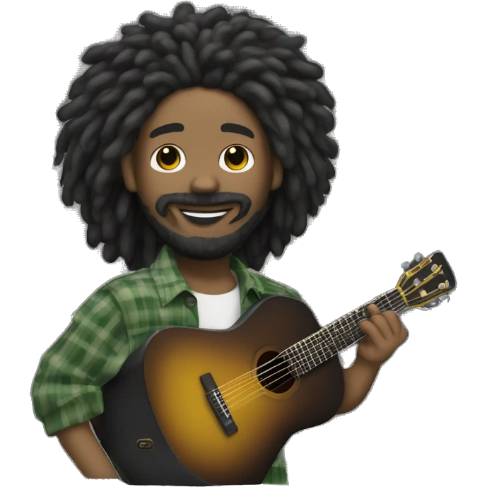 Crie um japonês de cabelo rastafari com uma camisa listrada branca e preta com uma guitarra  emoji