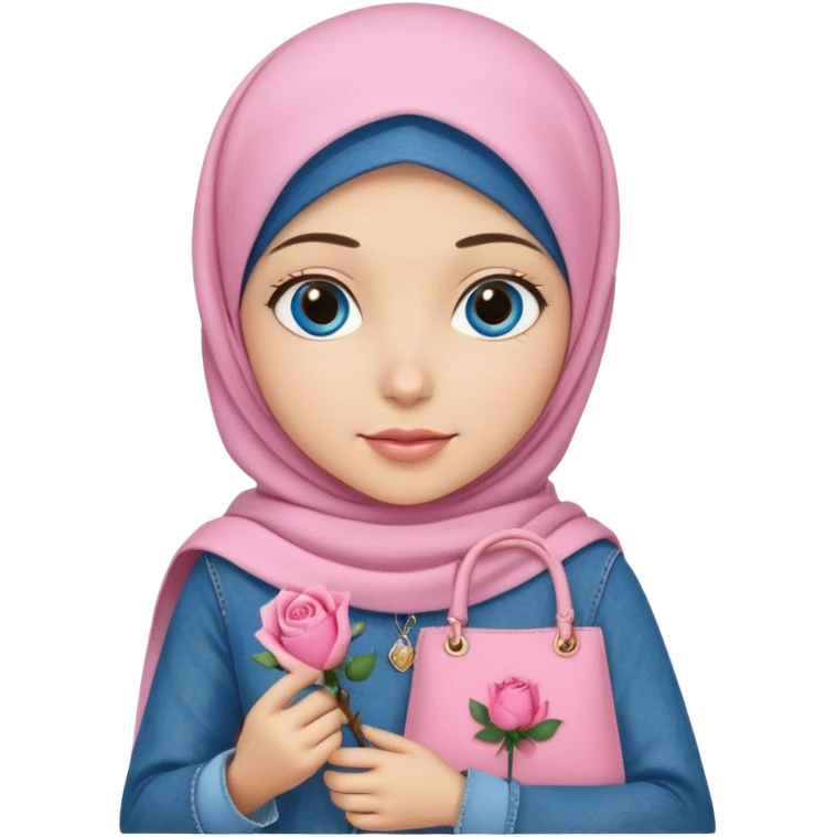 Turkish beautiful finish Konya girl blue eyes with denim hijab islamic dress and had on her hand pink rose bag emoji