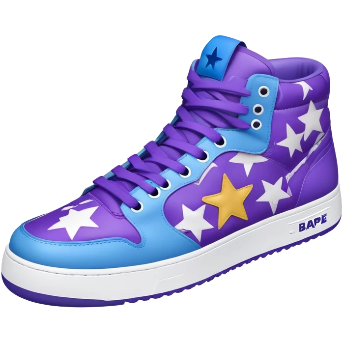 Bape sneaker with star pattern, blue and purple colorway, low top athletic shoe with ape head logo emoji