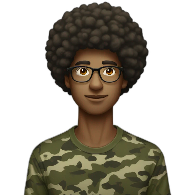 skinny guys with an afro and glasses wearing a camo tee emoji