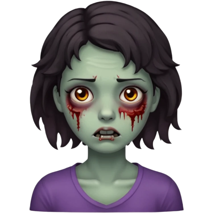 Zombie girl with bruises, she has a dark short wavy hair, she has a tired expression and dark eyes, she has dark circles too emoji