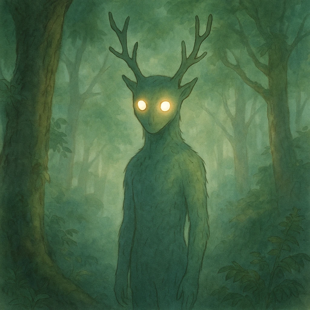 ghibli style forest spirit with glowing eyes, mystical, ethereal, soft lighting emoji