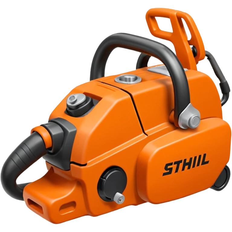Kettensäge vom STIHL mit grauem Gehäuse, orangenem Deckel und schwarzen Griffen, die Schiene ist Grau, nicht Orange, mit Kette in Grau, seitlich ist das STIHL Logo in weißer Schrift in einem orangenem Kreis platziert emoji