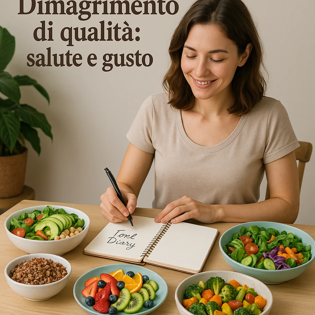 woman sitting at table with healthy and colorful dishes, smiling while consulting a food diary, atmosphere of balance and serenity, Italian text: 'Dimagrimento di qualità: salute e gusto', 4K quality emoji