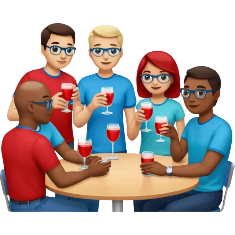 Ten adults in casual clothing with red, aqua and blue shirts, some with drinks chatting at an afterwork meeting emoji