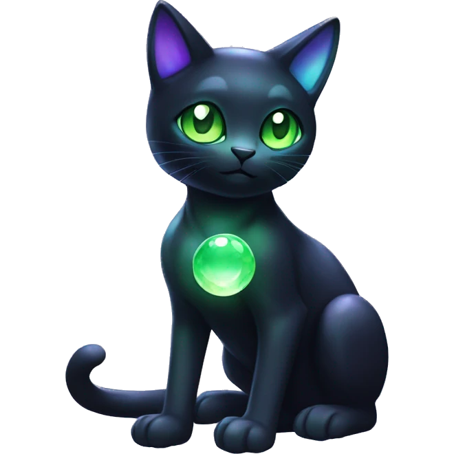 Shiny, Sparkly, Black Dark-type--Psychic-Ice-type-Fakémon-Alien-Cat Blind Purple eyes, green gem, full body emoji