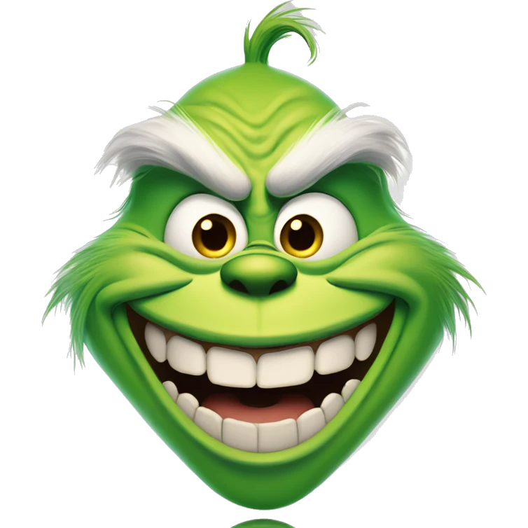 The grinch with a toothy maniacal smile staring at the camera emoji