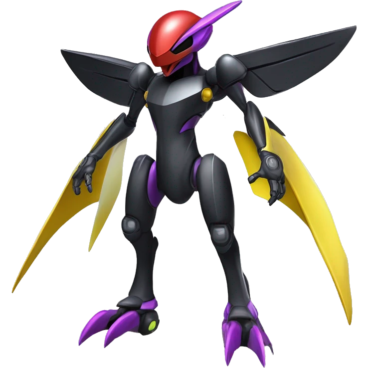 a shiny metallic black-purple-red-yellow Genesect-Flygon-Raptor-Fakémon-Medabot-hybrid with a futuristic visor-helmet full body emoji