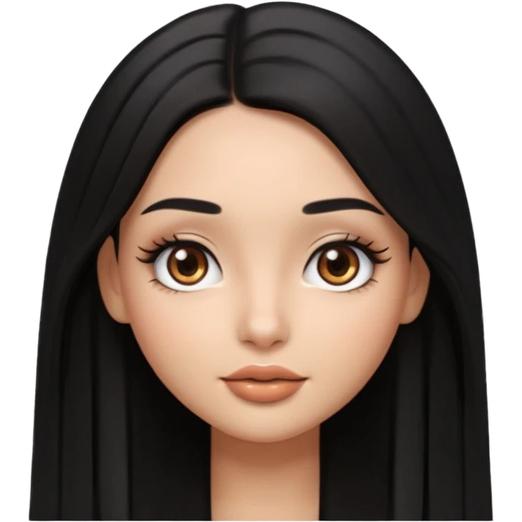 pretty cartoon girl, semi-realistic 3D emoji style, long middle parted straight black hair, tan skin, brown eyes, long eyelashes, soft glam makeup, glossy lips, smooth skin, cute aesthetic,  emoji