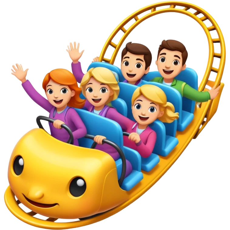 roller coaster with people riding, cheerful expressions emoji