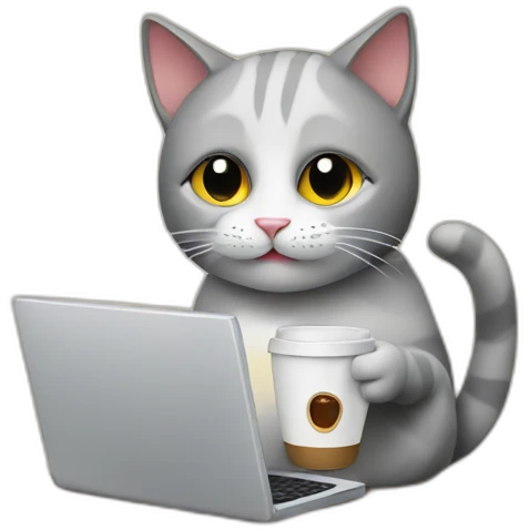 cat working on a computer holding a coffee cup emoji