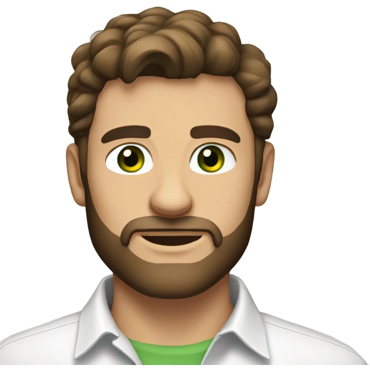 handsome optimist brunette man and beard green eyes wearing white button down shirt  emoji