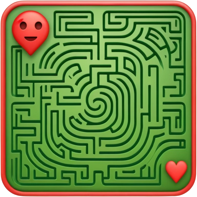 Create a realistic emoji of a maze with different patterns in red which show the wrong way and one way which shows the right way across the maze in green emoji