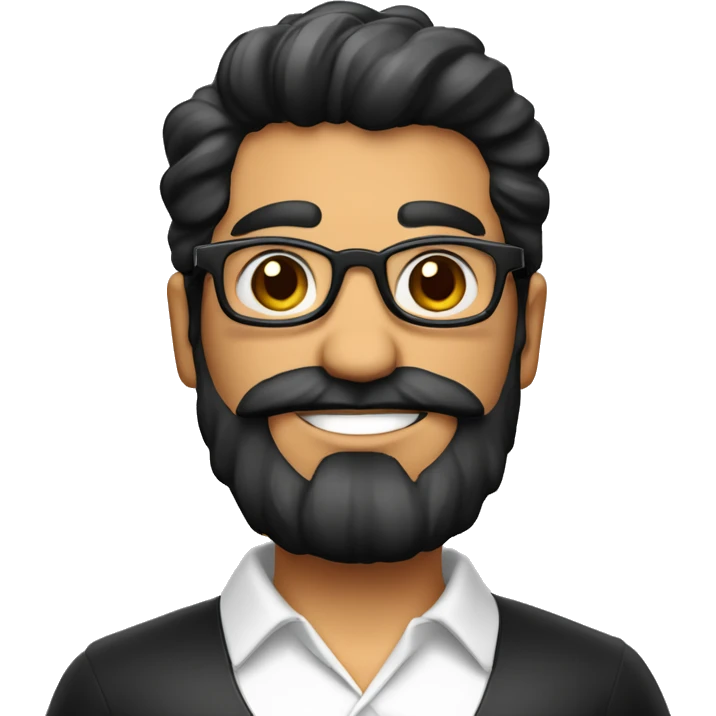 maestro de español con el cabello corto liso y negro con un copete pequeño con lentes cabello negro con rasgos hispanos europeos con la barba como sombra emoji