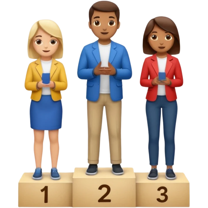 show people on podium in first, second and third place.  The podium should be labled 2, 1, 3.  The middle position should only have the number 1.  the people should be dressed causally in regular clothes emoji