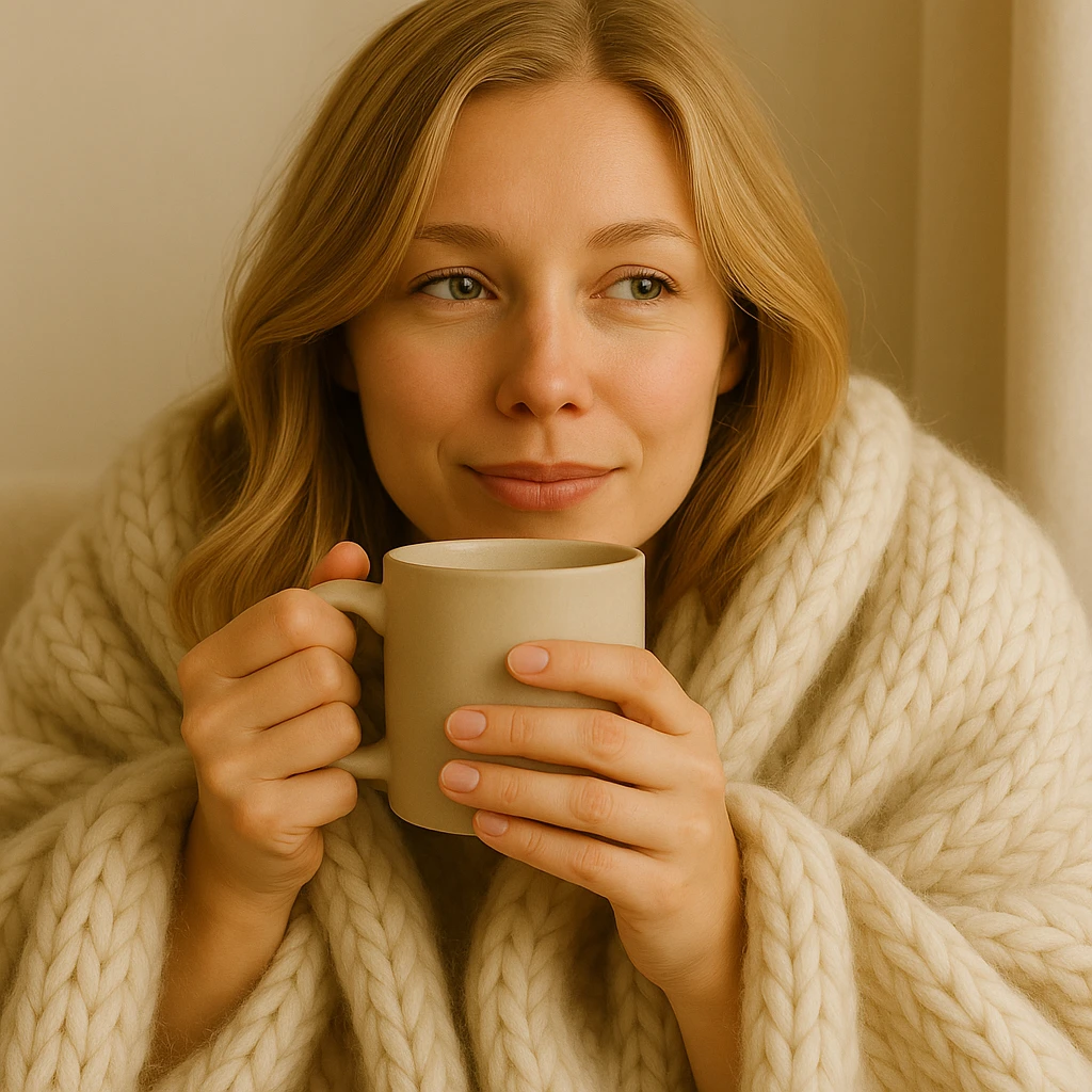 Show the blonde woman snuggled in a blanket, sipping coffee, with her eyes open, relaxed and content. Keep the cozy and serene vibe. emoji