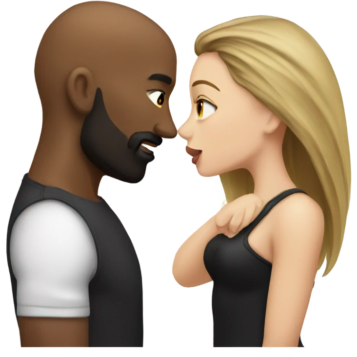White brunette kissing muscular black bald man with beard emoji