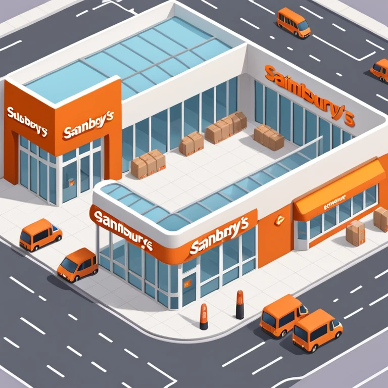 Isometric Sainsbury's store with distinctive orange logo, Argos section inside, self-checkout area visible through windows, and delivery vans emoji